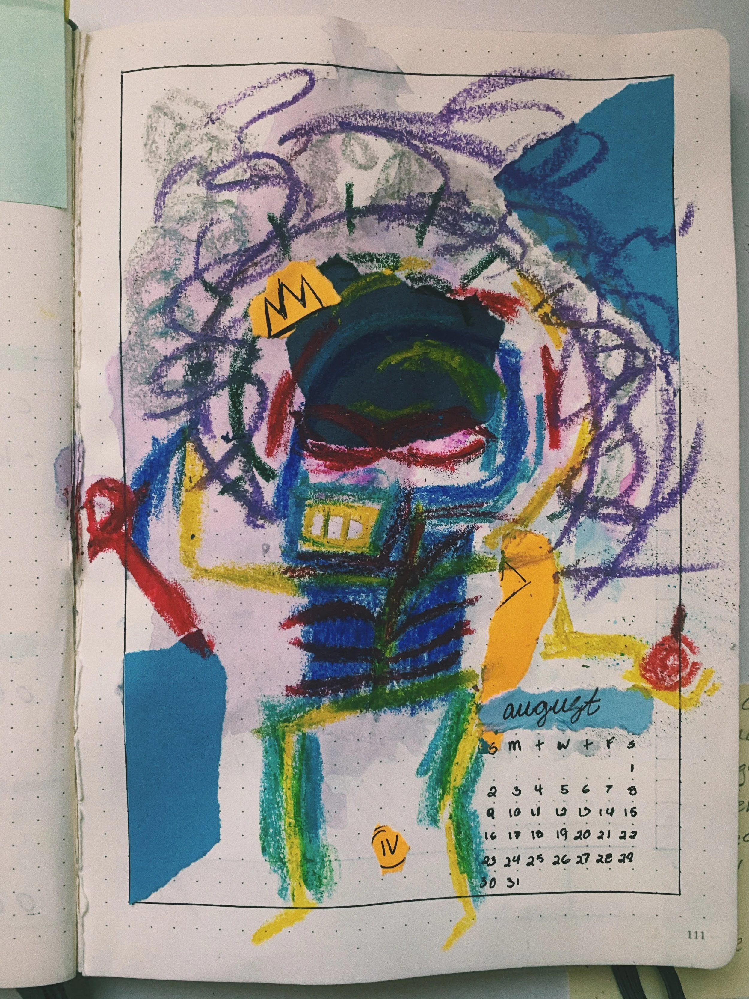 bullet journal, monthly cover (oil pastel and pen) | iv. the emperor card inspired by one of Jean-Michel Basquiat's paintings. the emperor is associated with authority, stability, and structure as well as leadership.