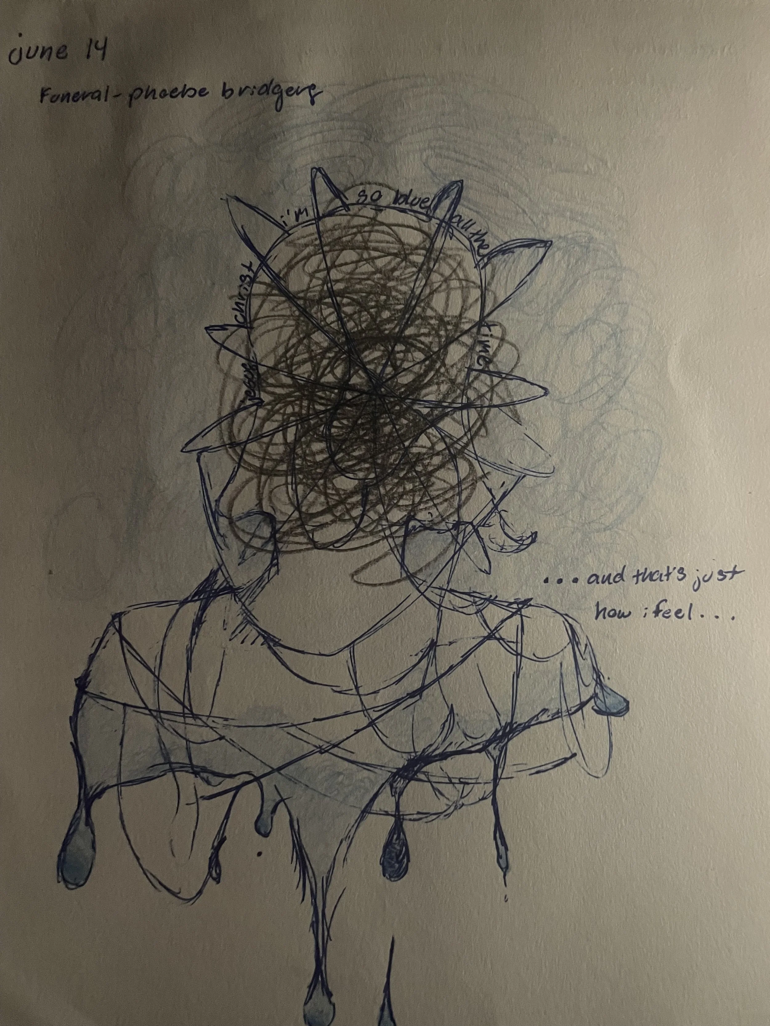 'blue' (sketch; colored pencil and pen) | inspired by 'Funeral' by Phoebe Bridgers. ana rt journal entry from the summer of 2023 while i was as Michigan State University. peak of my loneliness and depression coming out onto the page.