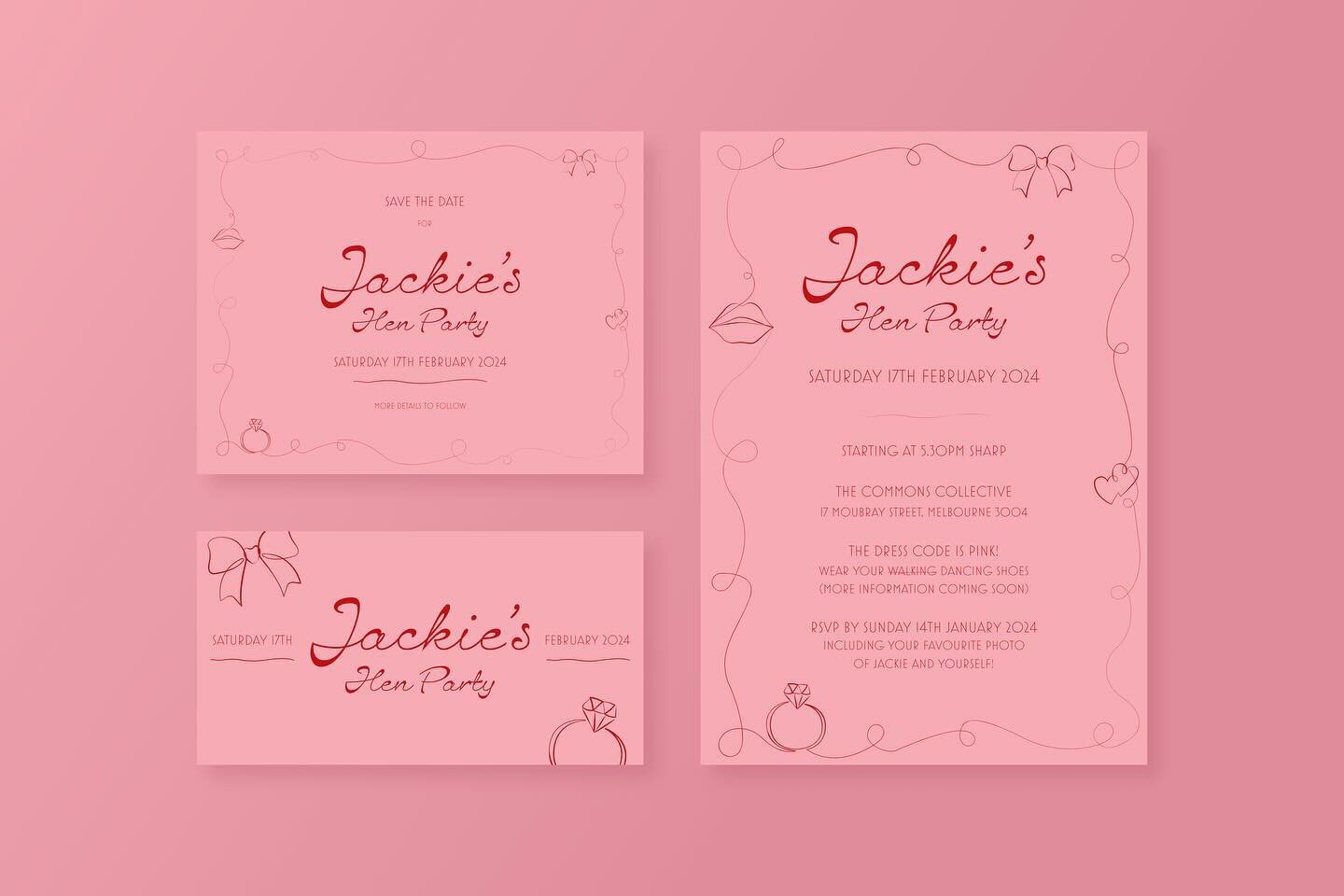 A closer look at Jackie&rsquo;s Hen Party package components:

🩷 line illustrations of Jackie and her fianc&eacute;, as well as the smaller details, such as the hearts, bows, rings and lips

💍 save-the-date e-cards, e-invites and a Facebook event b