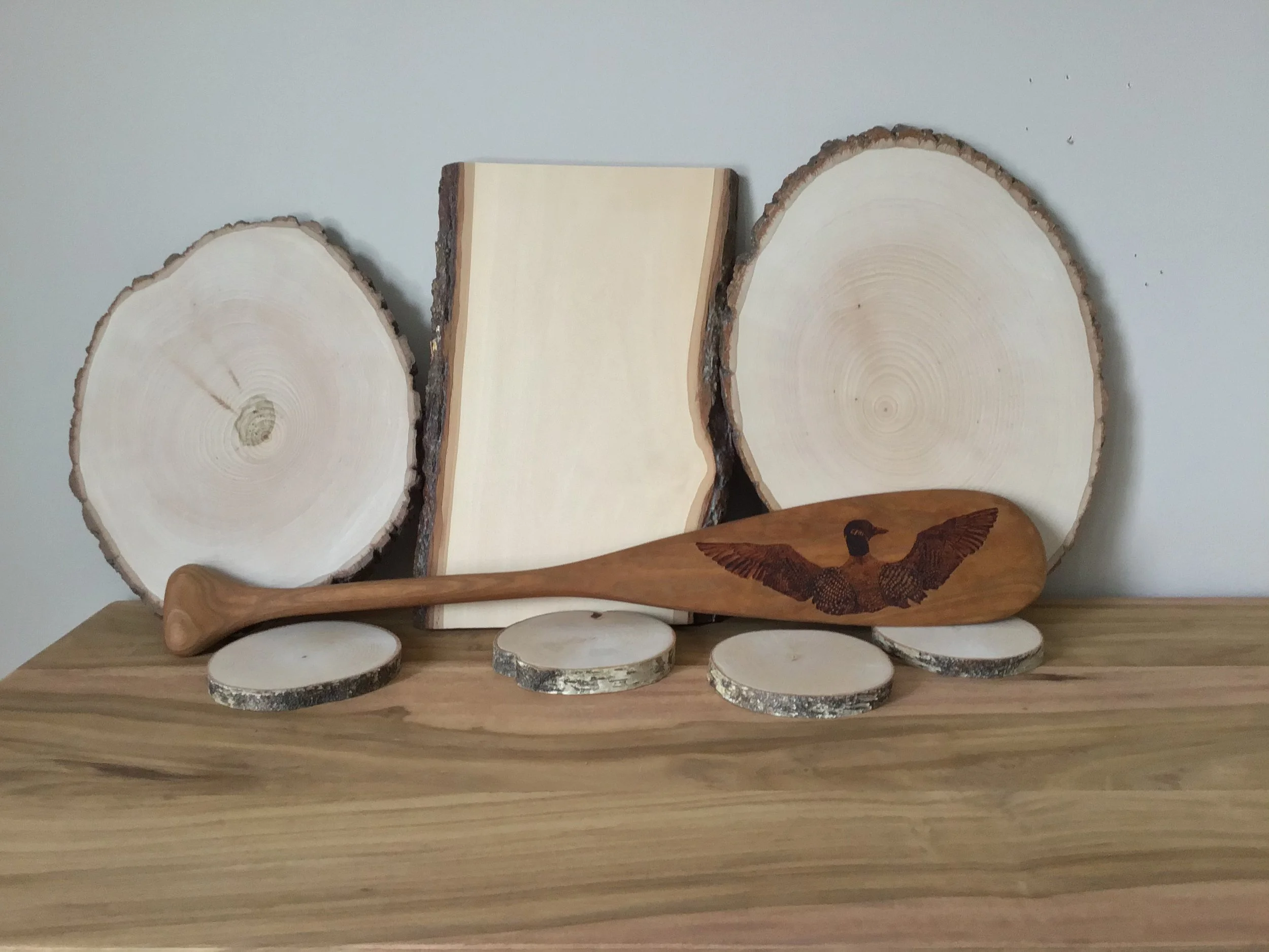 loon on wooden paddle