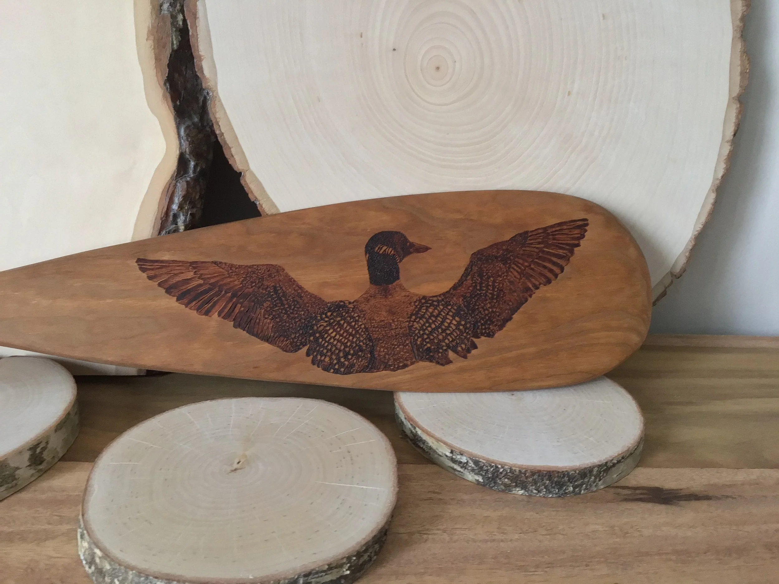 loon on wooden paddle
