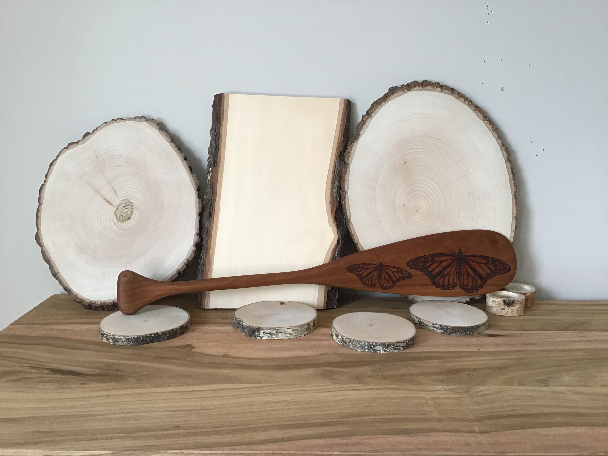 monarch butterfly on wooden paddle