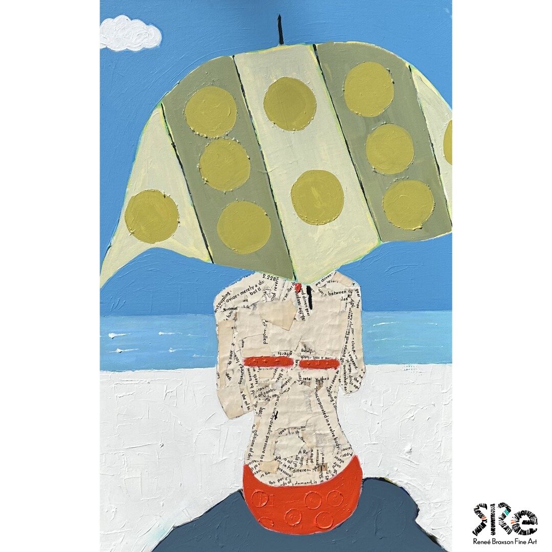 Renee recently made a few updates to &ldquo;3 Days at the Beach,&rdquo; an acrylic mixed-media series of a woman sitting under a beach umbrella. The collage pieces reflect the words and thoughts filling the woman&rsquo;s mind and her busy life. Over 
