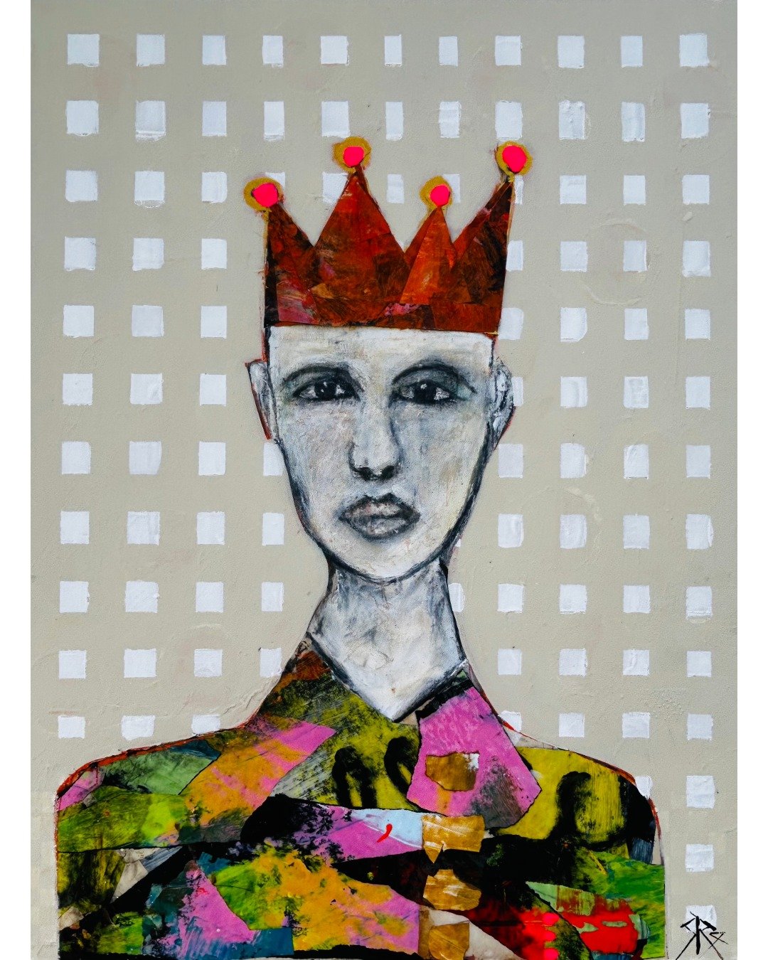 Meet &quot;Willyum&quot; 👑 

This 18&rdquo; x 24&rdquo; acrylic mixed-media piece on birchwood features a crowned character dressed in a collaged shirt bursting with bold color and personality. Regal with a twist, and full of charm.

Willyum has alr