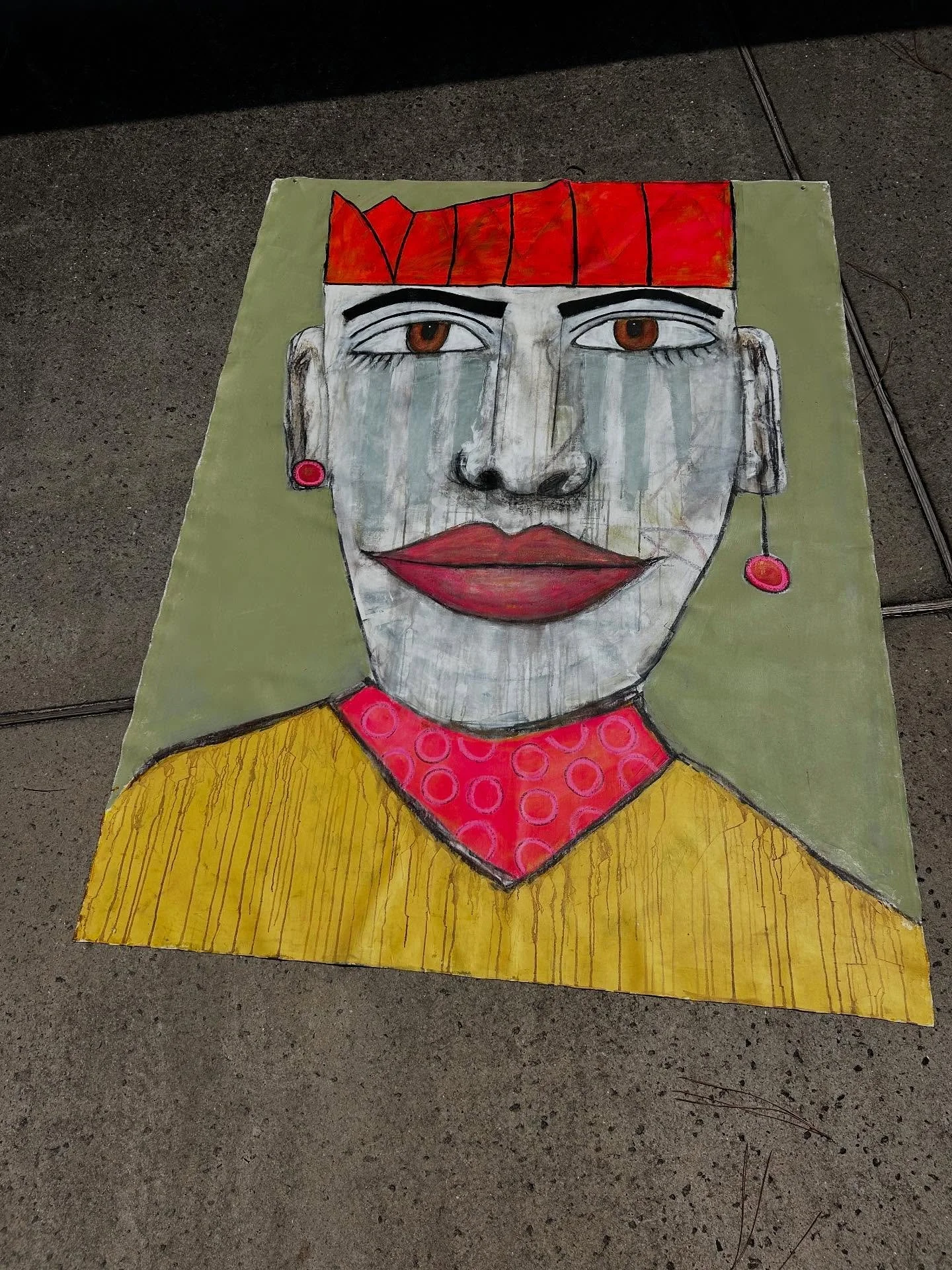 This painting is 5&rsquo;x 7&rsquo;. I photographed it laying in the drive way.  I cut the canvas and nailed it to the wall.  I started scribbling and then he appeared.