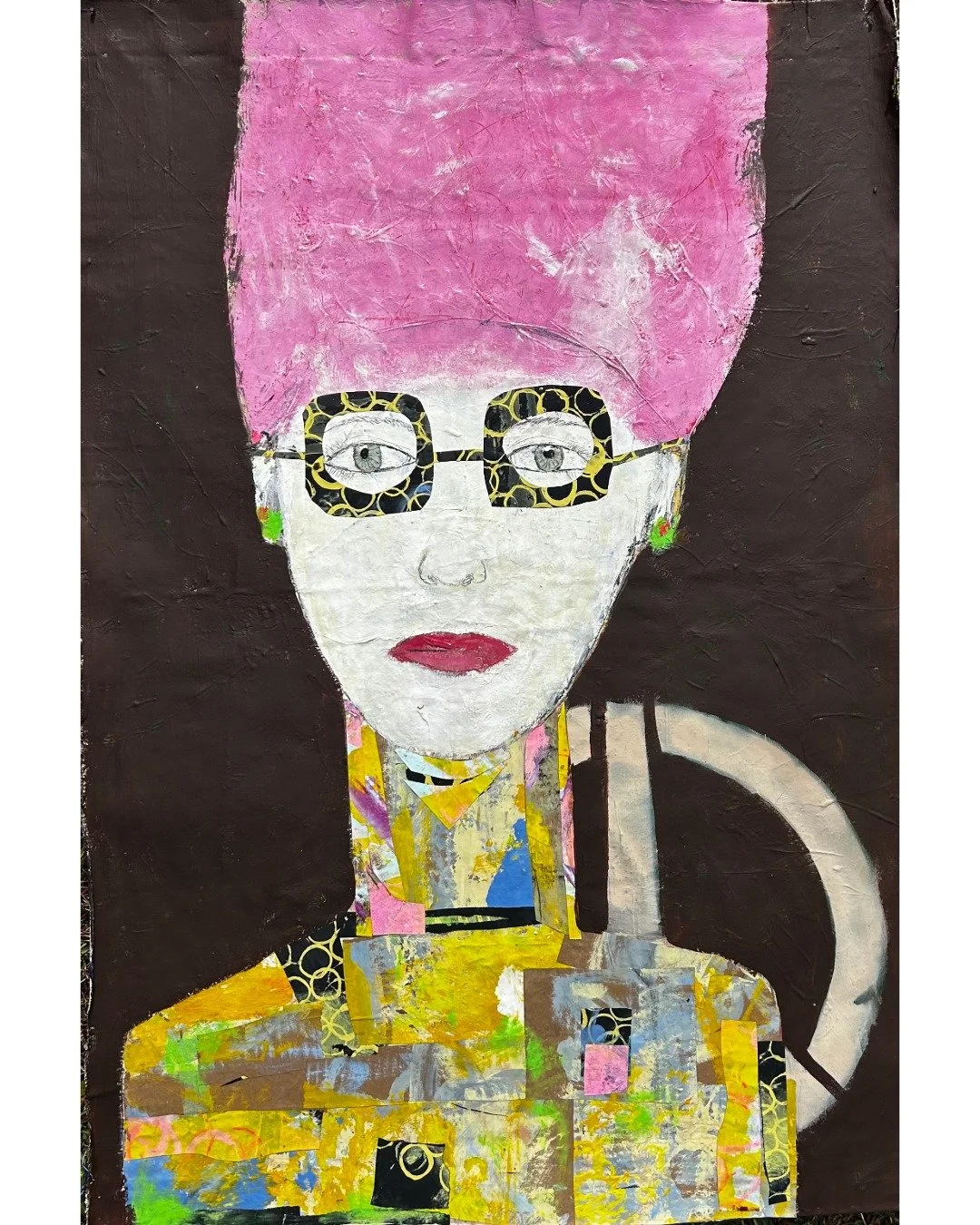 &ldquo;She Stands for Peace&rdquo; measures 32.5&rdquo; x 45&rdquo; on unstretched canvas.

A bright, whimsical figure built from layers of color and texture, she looks out with calm confidence and a playful spirit. Her pink hair rises like a joyful 