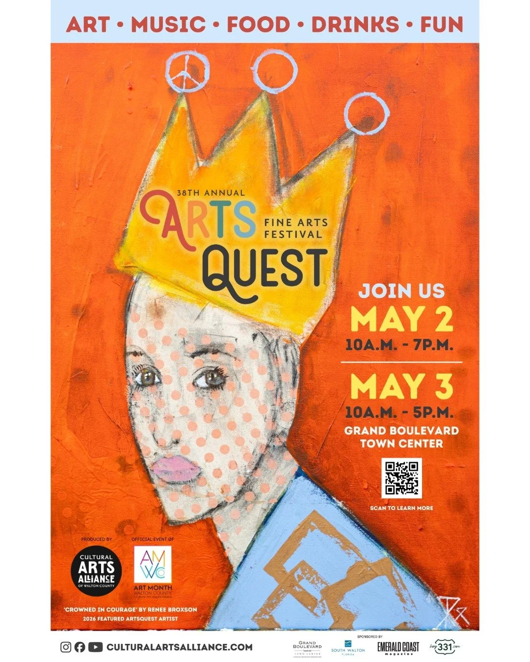 The Cultural Arts Alliance (CAA) of Walton County proudly announces Renee Broxson as the Featured Artist for the 38th Annual ArtsQuest Fine Arts Festival. Her custom artwork&mdash;Crowned in Courage&mdash;will be showcased on all ArtsQuest marketing 