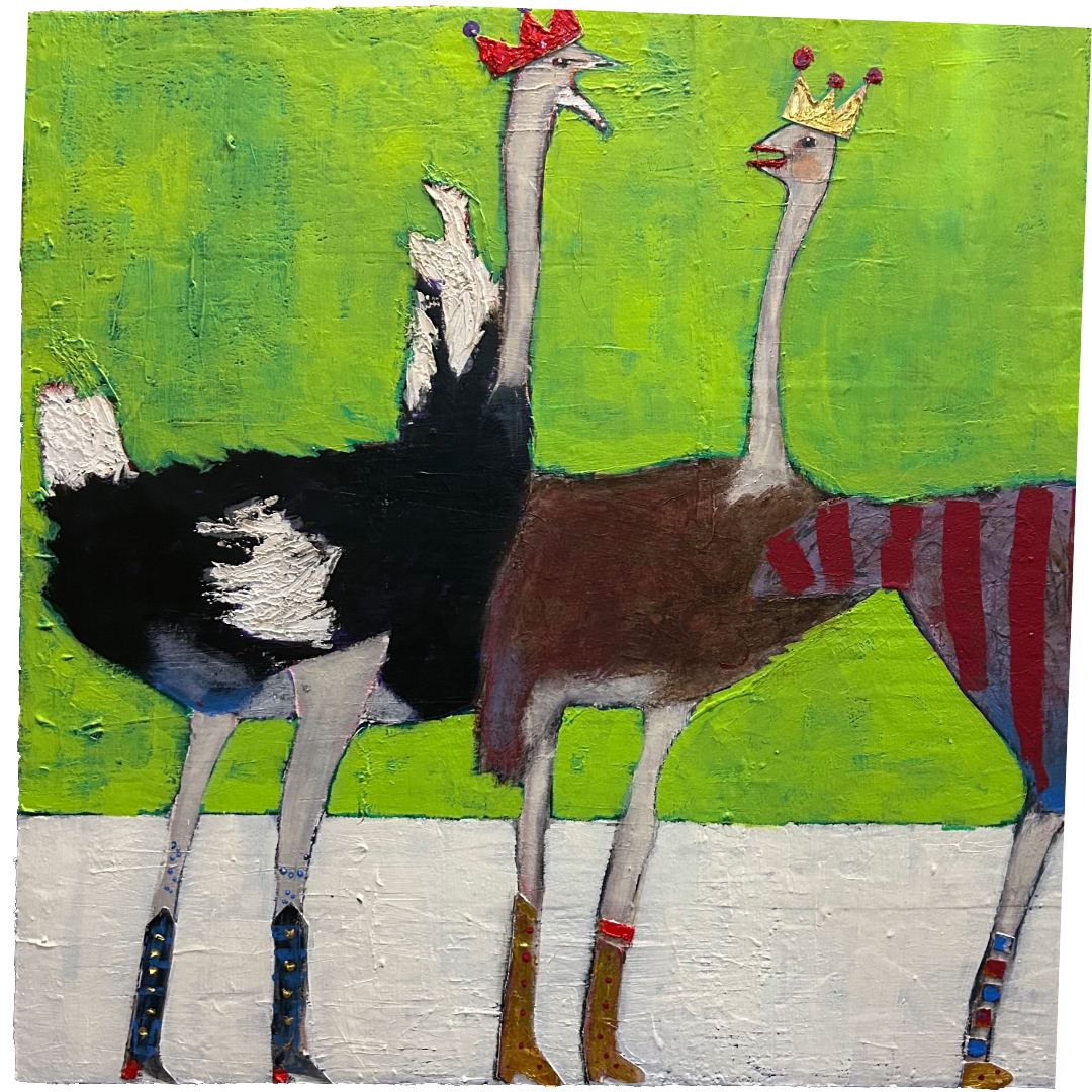 original mixed media artwork of ostriches in ADSO's "Birds of a Feather" exhibit