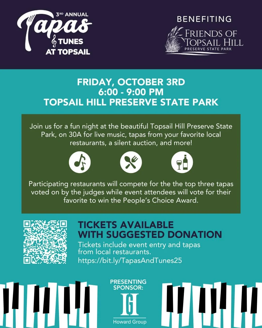 event graphic for the 3rd annual tapas & tunes at topsail fundraising event on friday, october 3, 2025, at topsail hill preserve state park from 6-9 pm