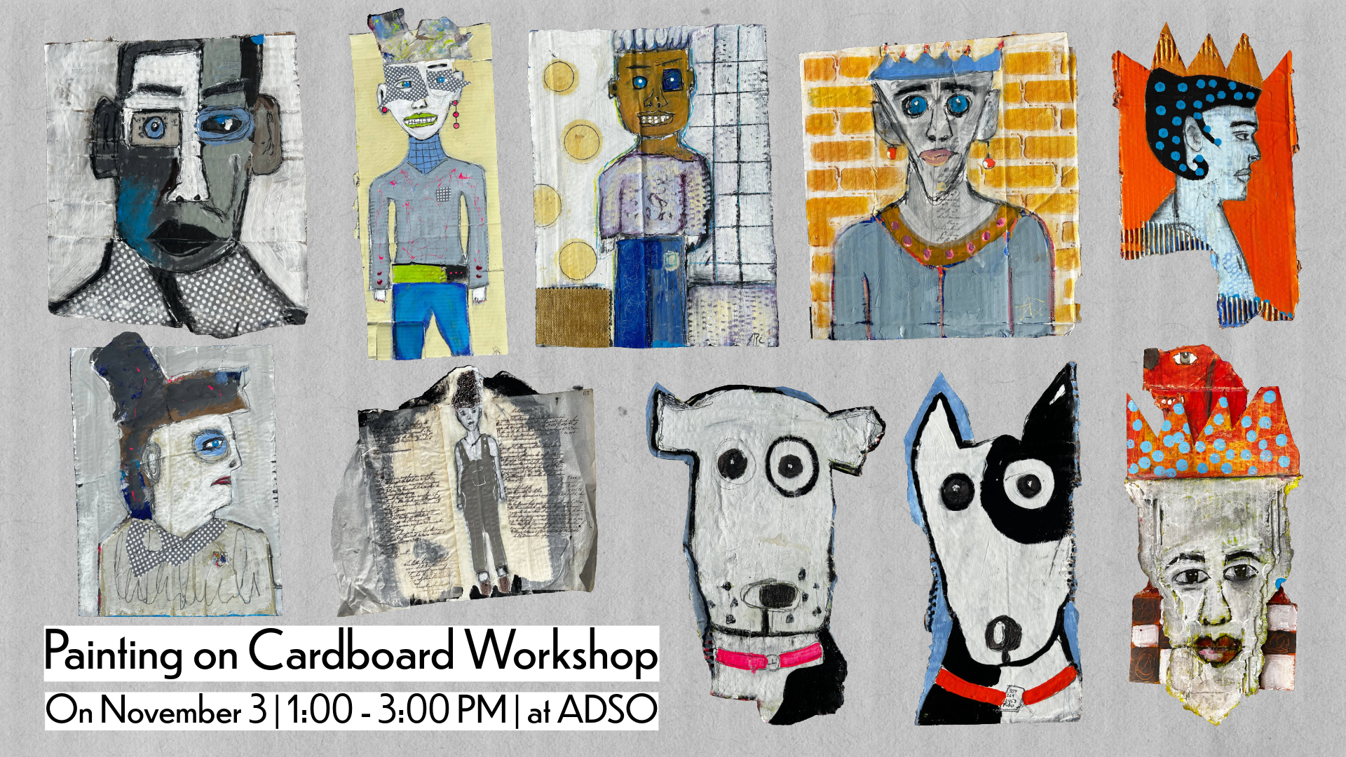 collage of renee broxson's recent works on cardboard (mainly portraits) to promote her painting on cardboard workshop at ADSO in Ft. Walton Beach on November 3, 2025 from 1-3 pm CST