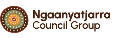 Nganaytjarra Council Group logo with circular, colorful dot design and brown text.
