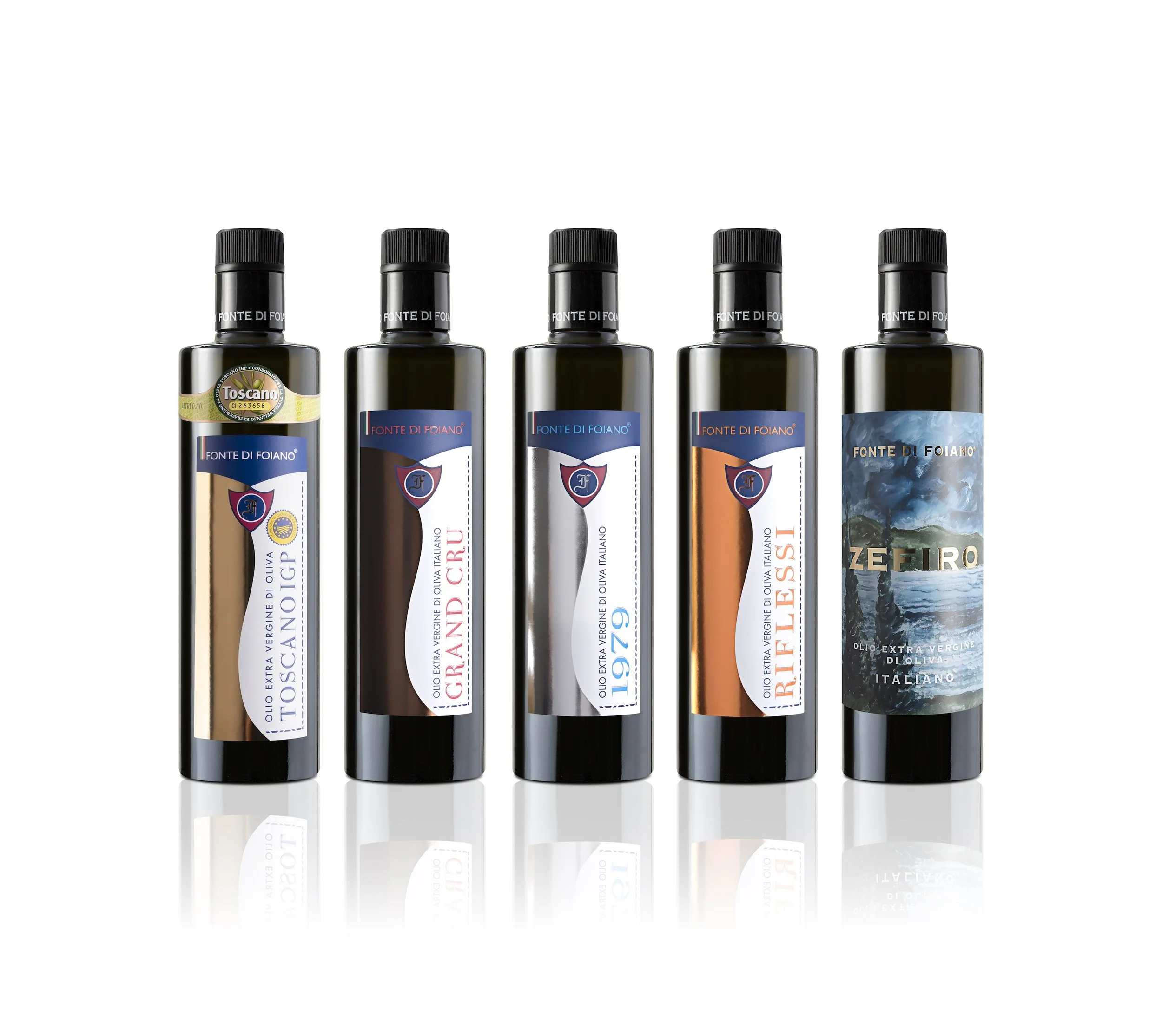 Fonte di Foiano labels with square shouldered bottles, strong and modern