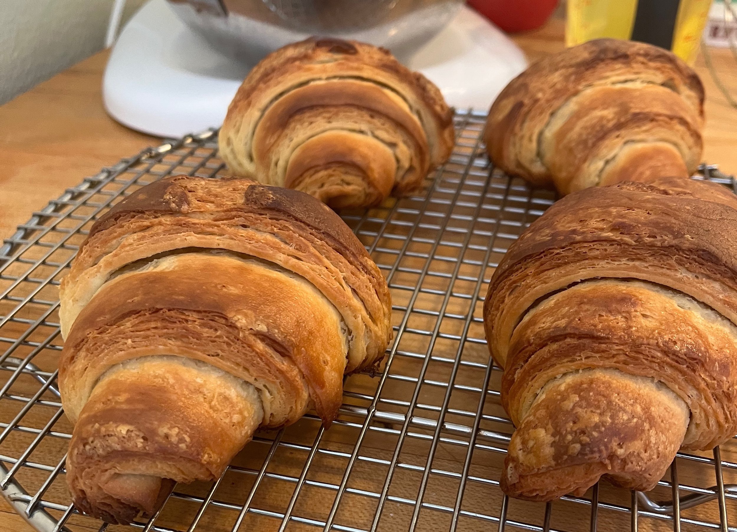 A side view of the baked Olive Oil Croissants