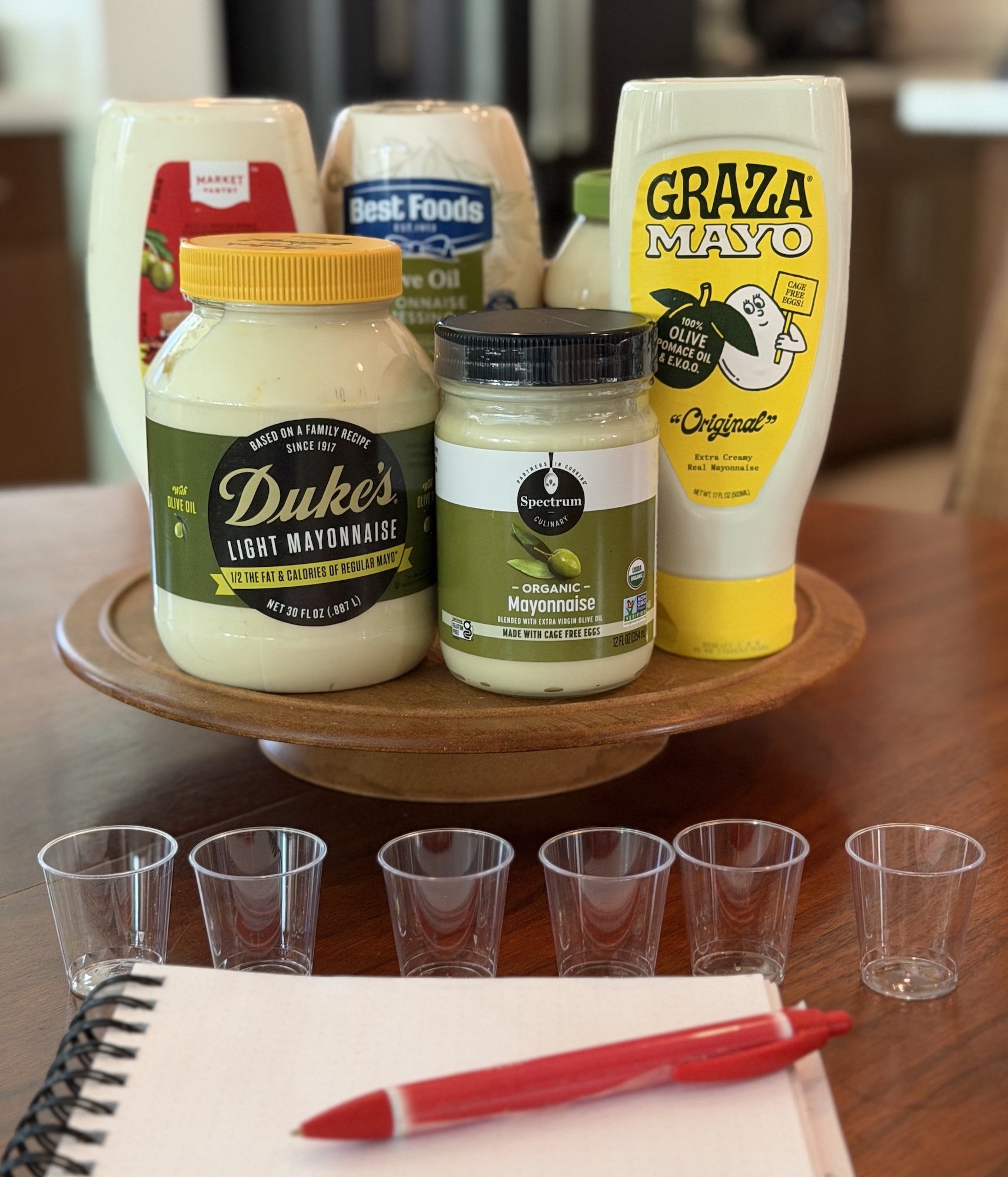 The setup for the panel’s olive oil mayonnaise tasting