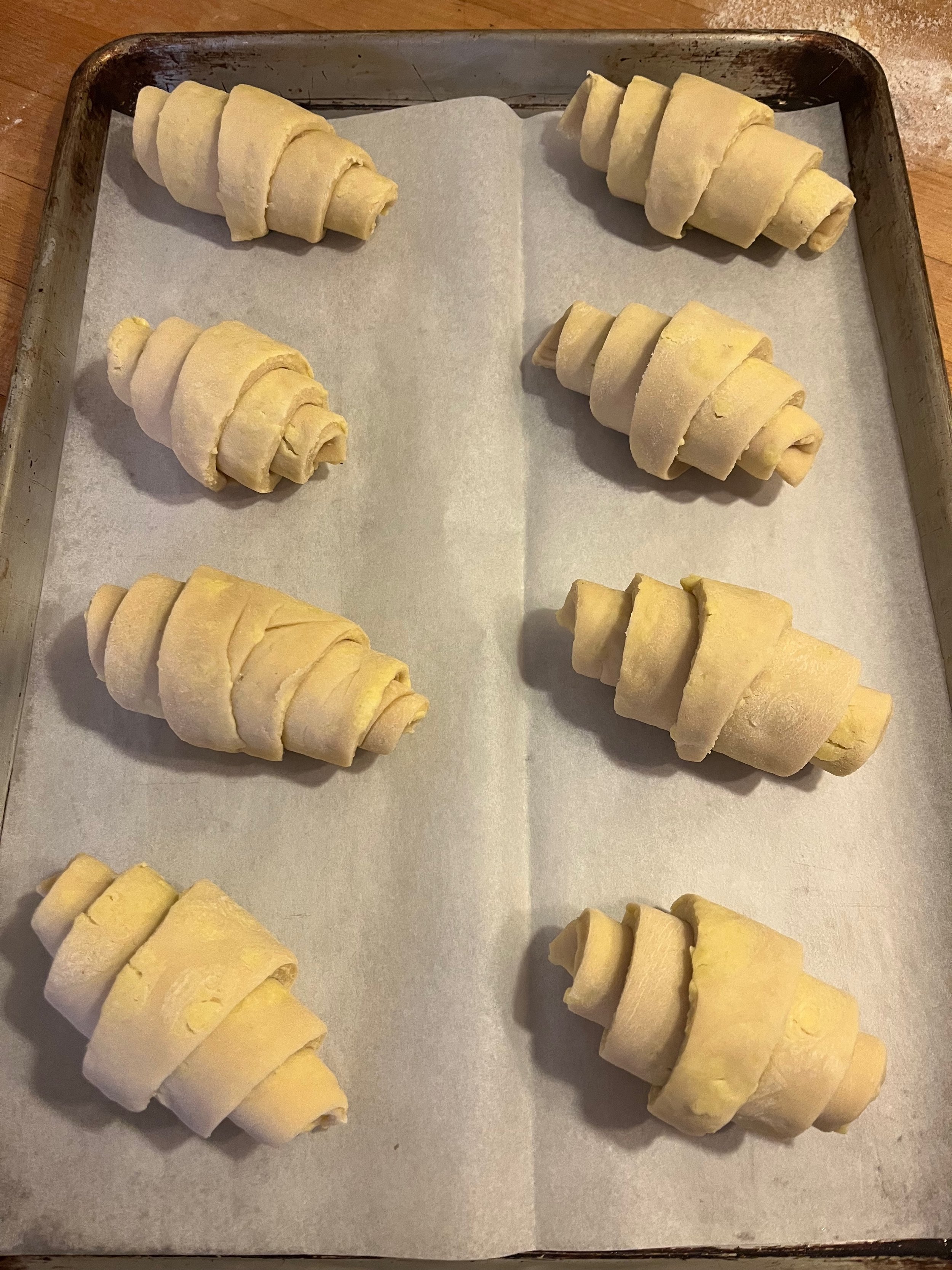 The rolled croissant dough