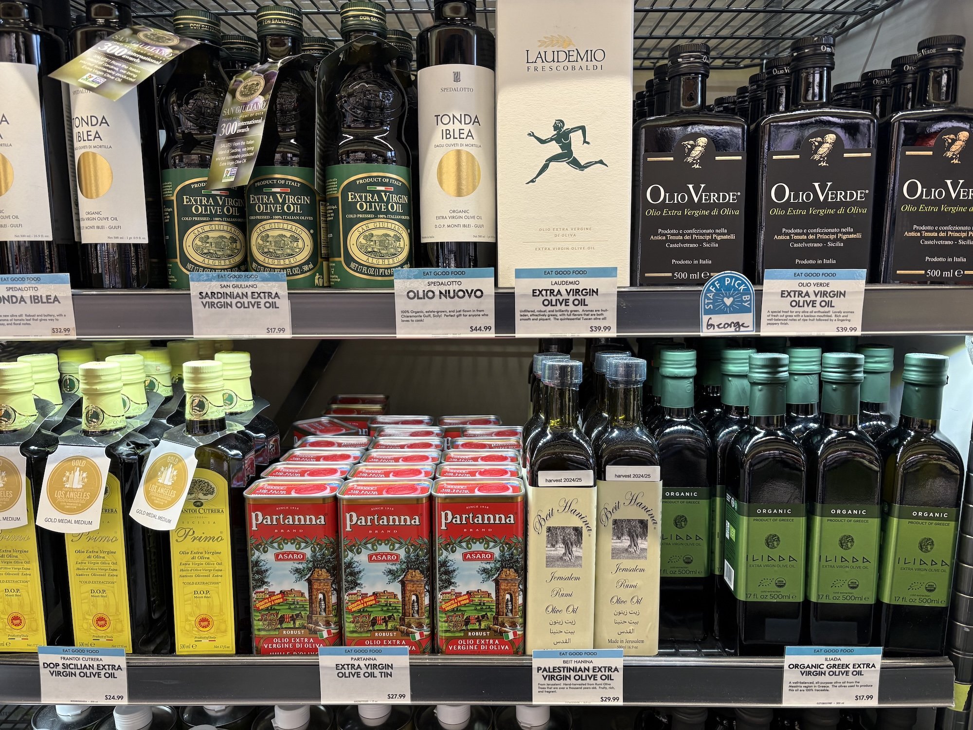 Olive oil bottles on shelf