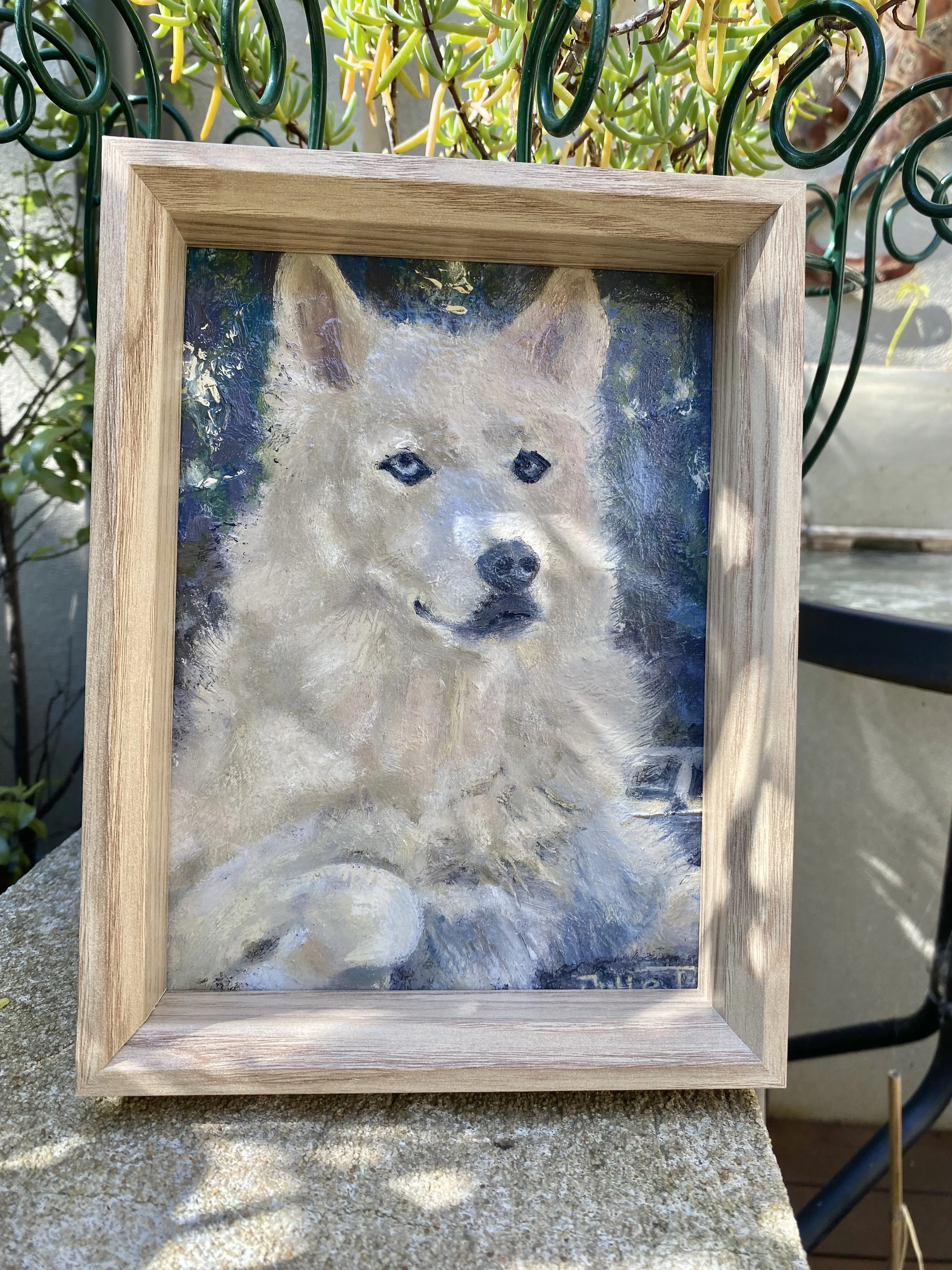 A framed painting of a fluffy dog, likely a Husky or similar breed, with light-colored fur, dark eyes, and a gentle expression, set outdoors with green plants in the background.
