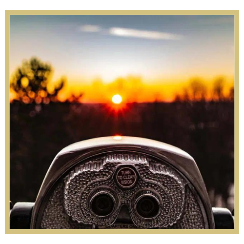 A coin-operated binocular viewer facing a sunset over a natural landscape with trees, seen from behind.