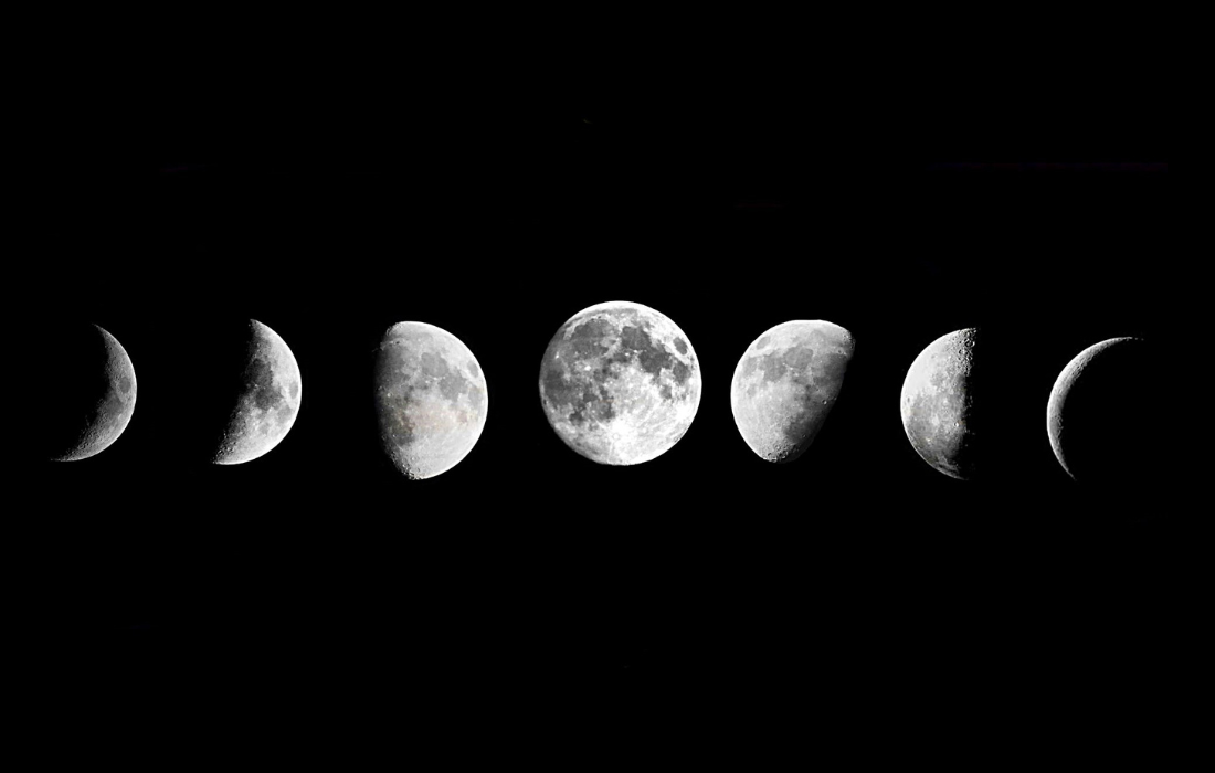Sequence of six images showing the different phases of a lunar eclipse against a black night sky.