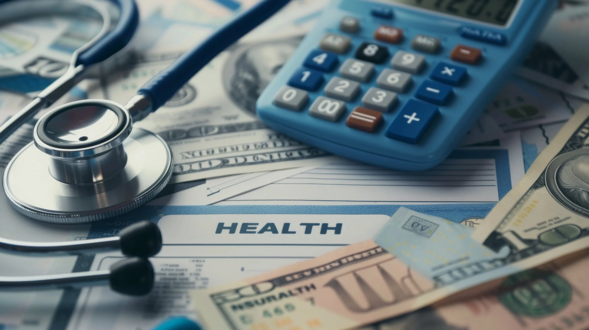 Medical stethoscope, calculator, and various U.S. dollar bills placed on health insurance documents.