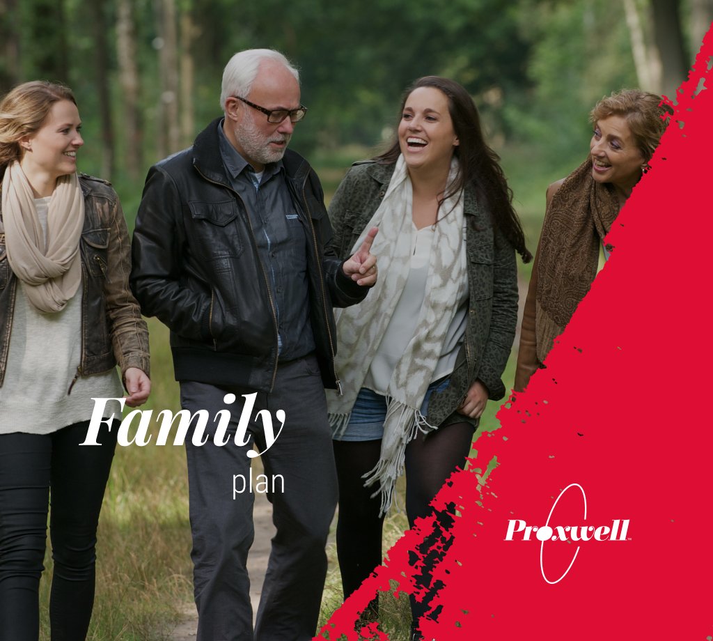 Group of five adults walking through a forest, smiling and talking, with a red diagonal overlay on the right side that contains the text 'Family plan' and the Proxwell logo.