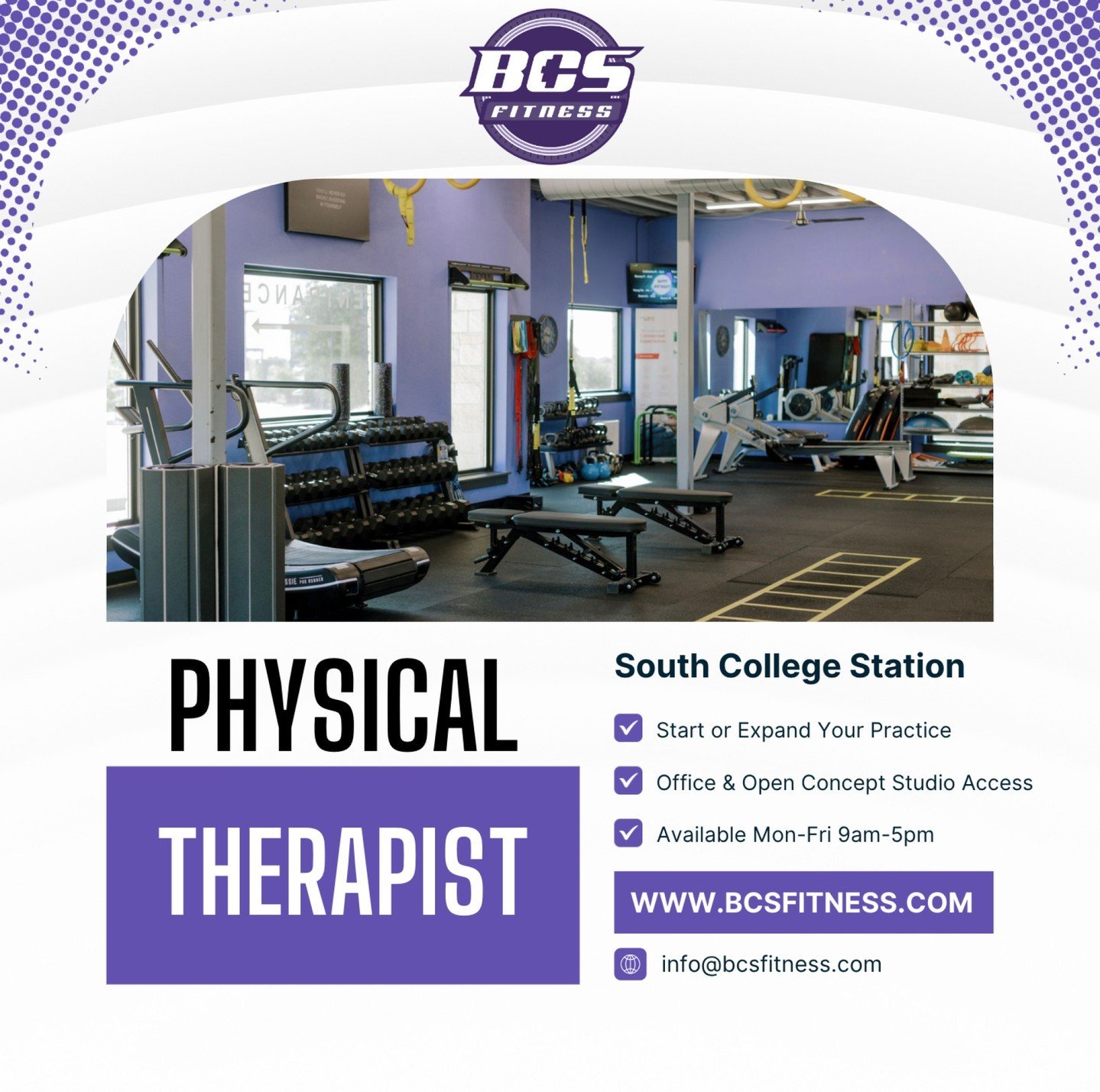Join our vibrant community at BCS Fitness in South College Station! We're on the hunt for a passionate Physical Therapist who's eager to start or expand their practice. Nestled within our 2500 sq foot personal training studio, this is a golden opport