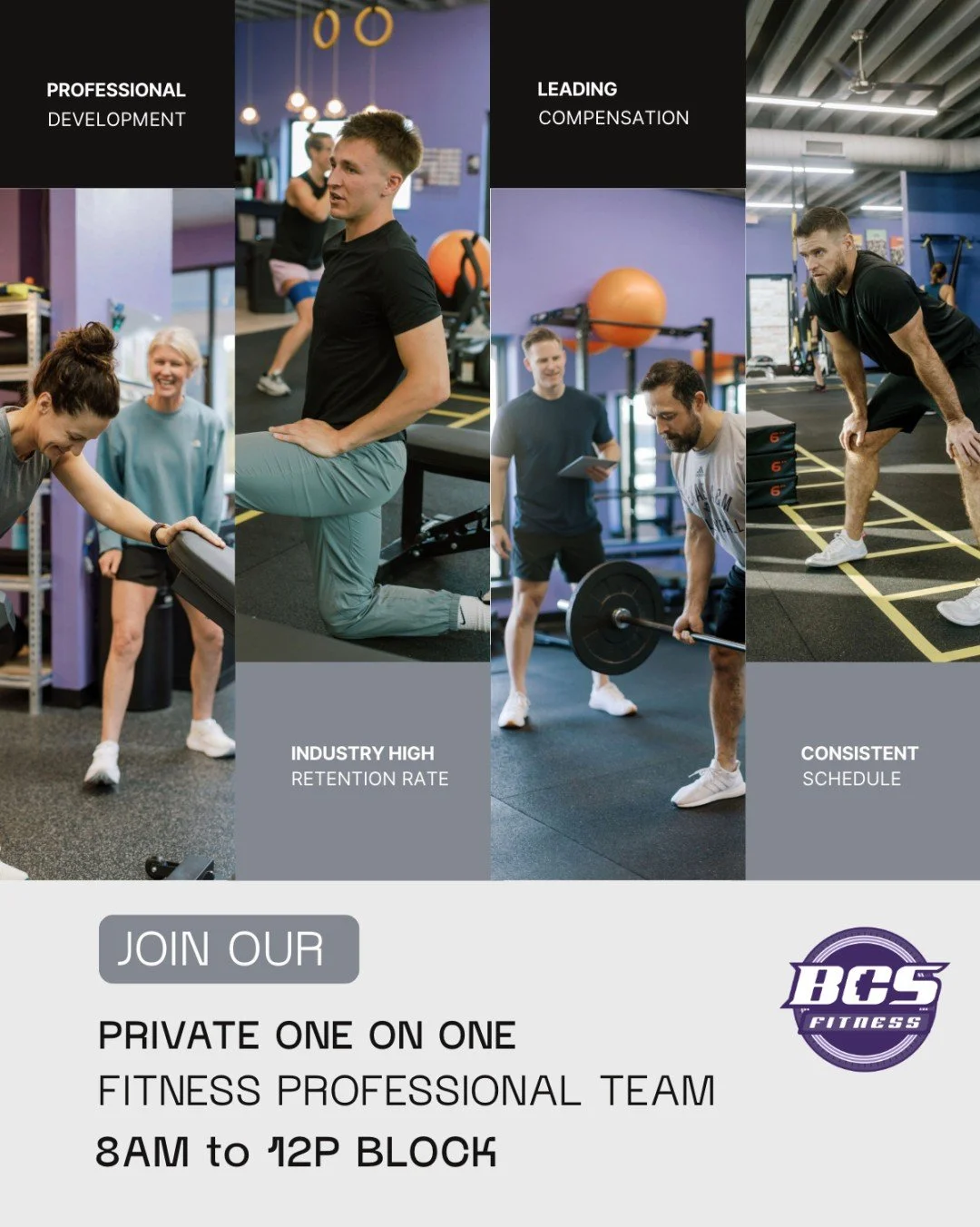At The BCS Fitness Studios, we believe great coaching is a profession, not a side hustle.

We&rsquo;re building an environment where coaches...
&bull; work with clients who value coaching and tend to stay 
&bull; have clear standards and leadership s