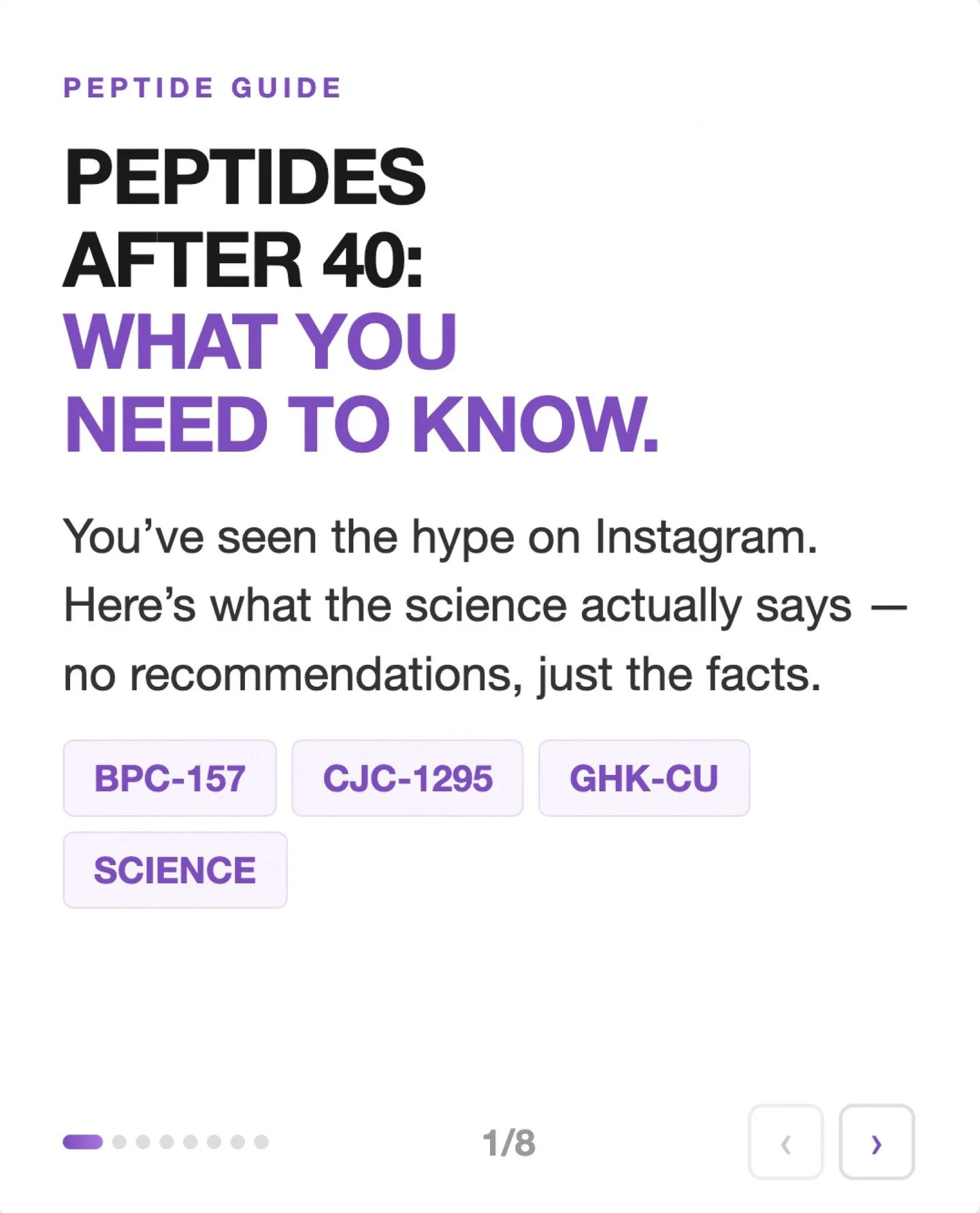 Peptides are everywhere on Instagram right now. Everyone has an opinion. Very few have the research.

So we put together a no-hype guide to what peptides actually are, the three most popular ones for adults over 40 (BPC-157, CJC-1295/Ipamorelin, and 