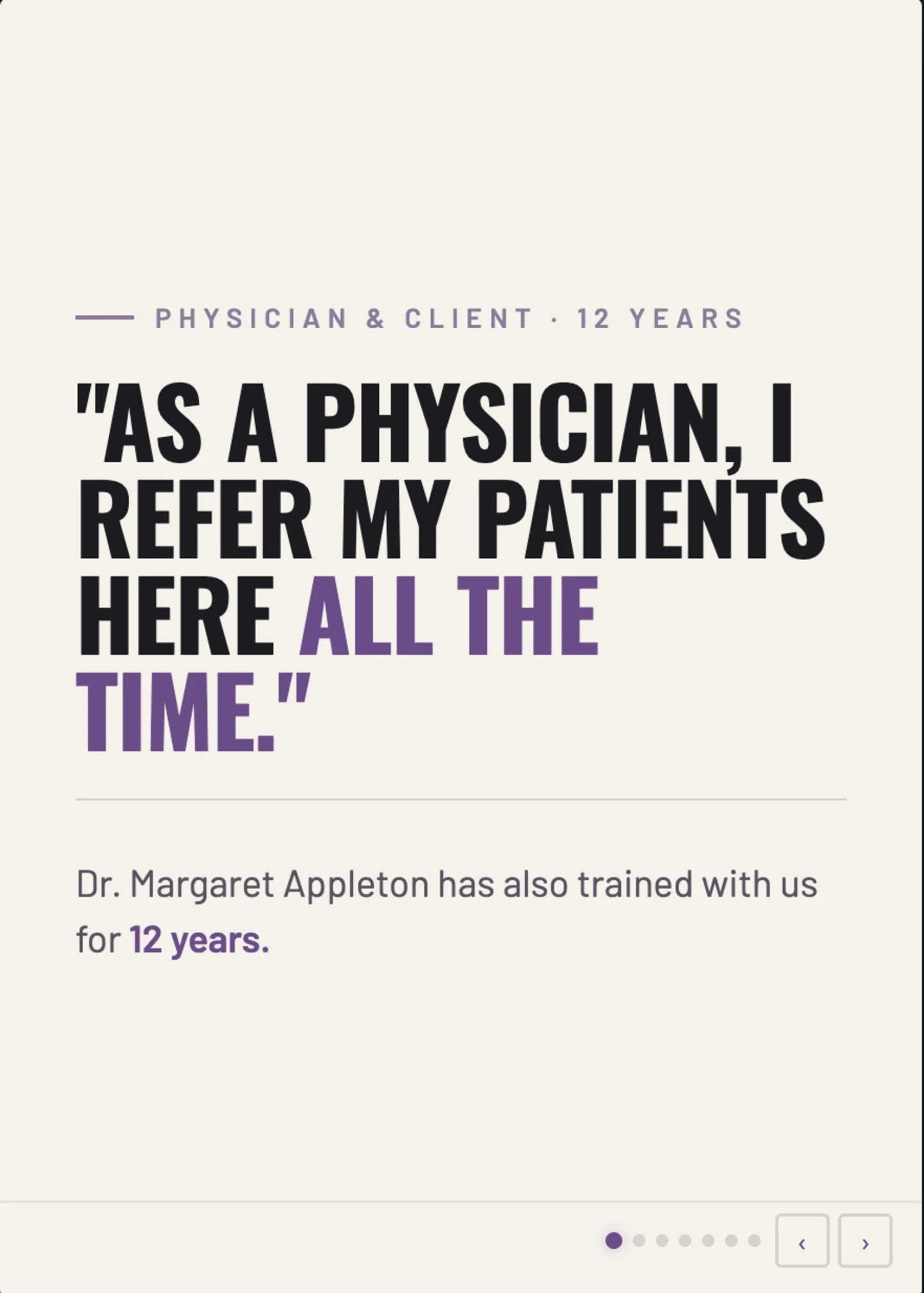 This doctor trains here.
And sends her patients here too.

Dr. Margaret Appleton has been training with BCS Fitness for 12 years. As a physician, she refers her patients to us when they're trying to restart exercise, build strength, or fight middle-a
