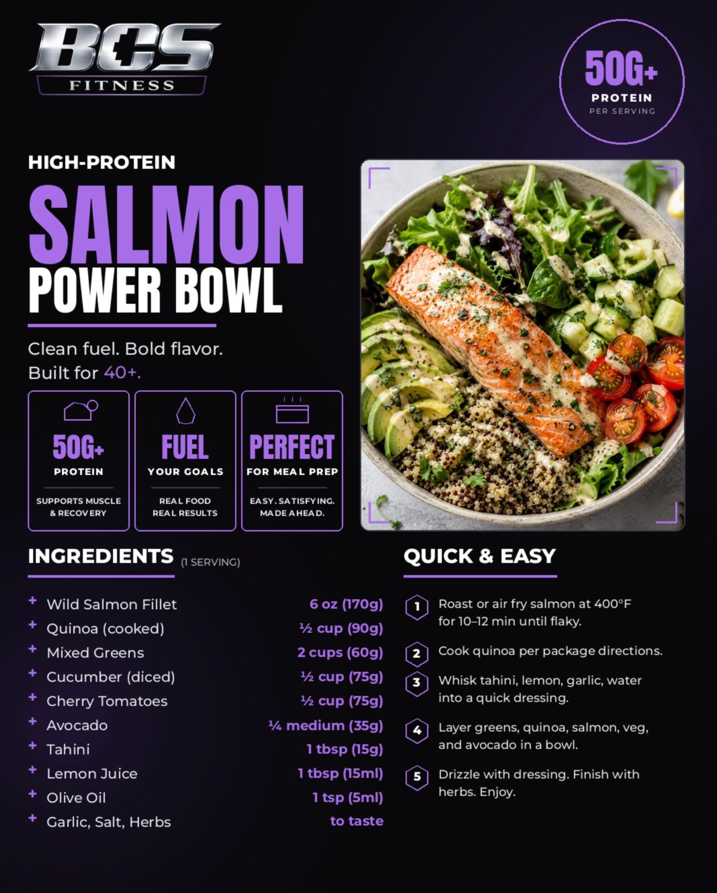 50G+ protein. One bowl. 30 minutes.

After 40, recovery isn't optional...
it's what lets you keep showing up
tomorrow.

This is one of the bowls we recommend to our small
group clients.

Wild salmon. Quinoa. Greens.
Real food. Real recovery.

Save th