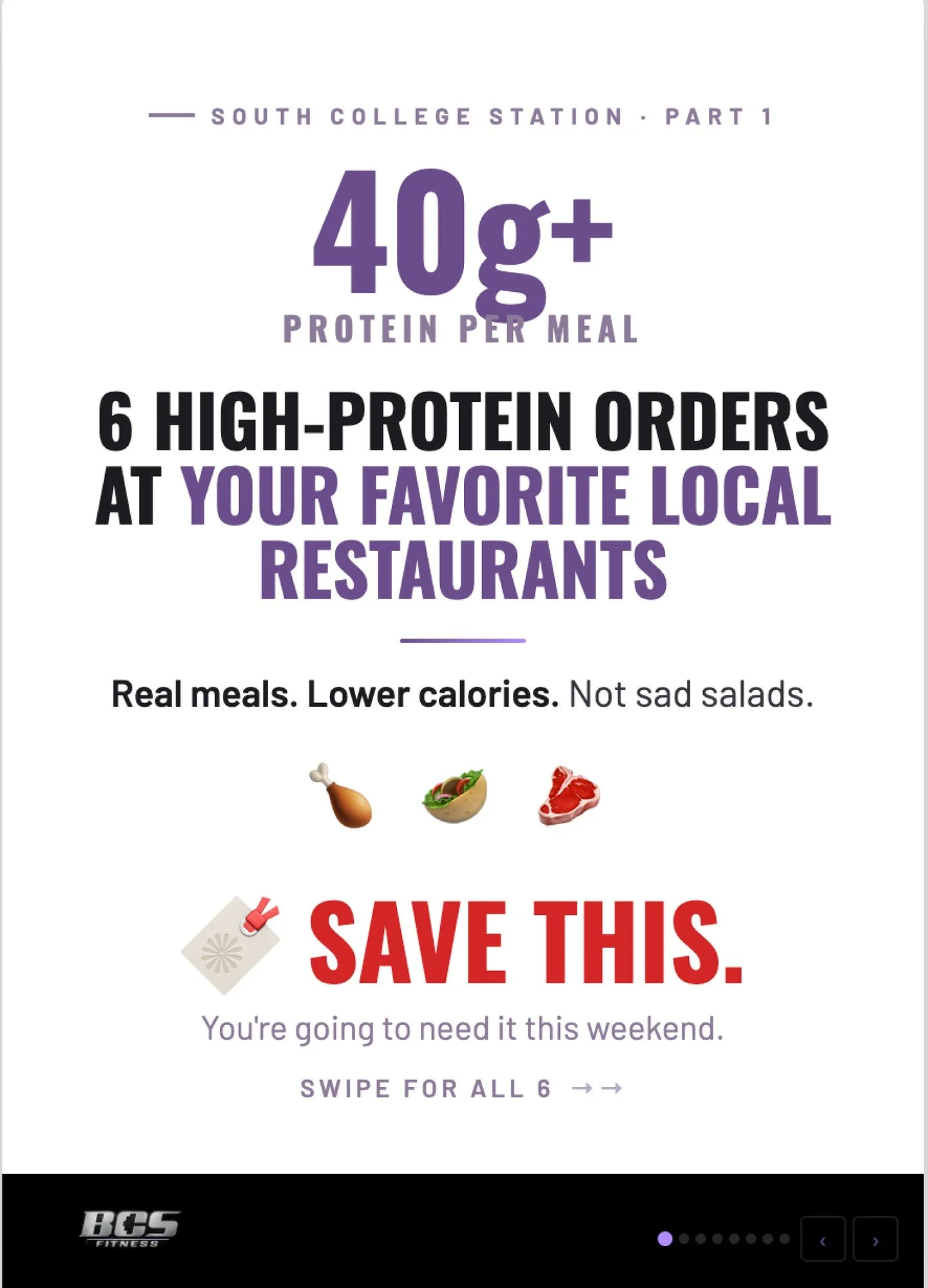 🔖 SAVE THIS. You're going to need it this weekend.

6 high-protein, lower-calorie orders at restaurants in South College Station...all 40g+ protein. (Part 1 of 2)

Here's your cheat sheet...

🍗 Chick-fil-A &rarr; Grilled Cool Wrap
42g protein &midd