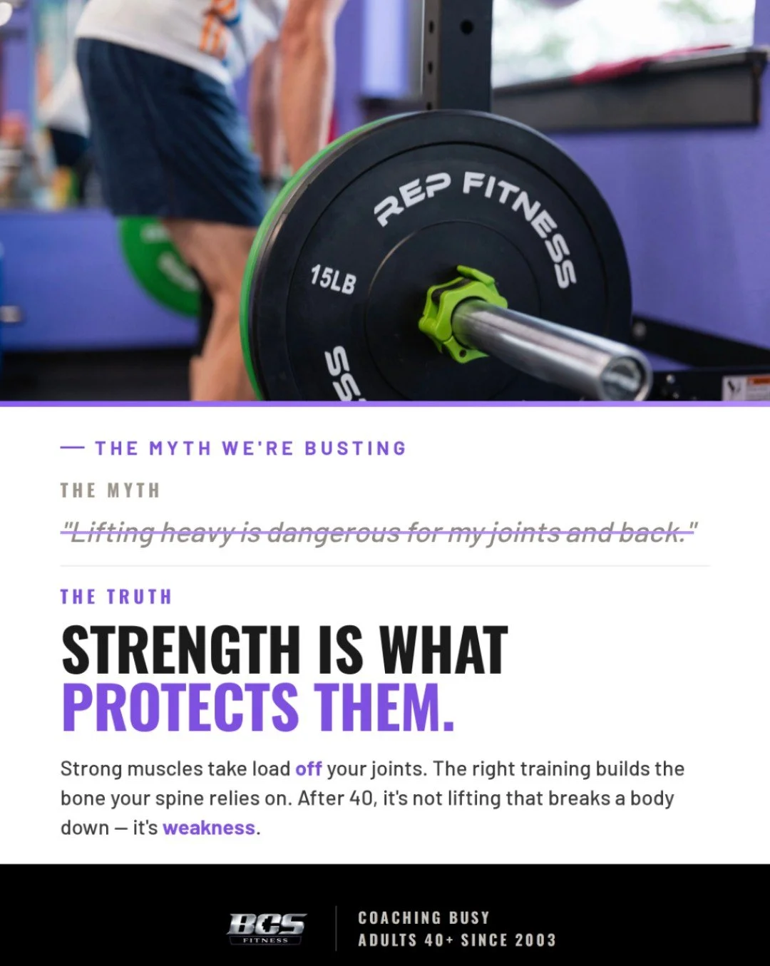 If you're over 40 and you've been avoiding strength training because you're worried about your joints or your back...read this.
 
It's one of the most common fears we hear at BCS Fitness. And it makes complete sense. You've got a knee that talks to y