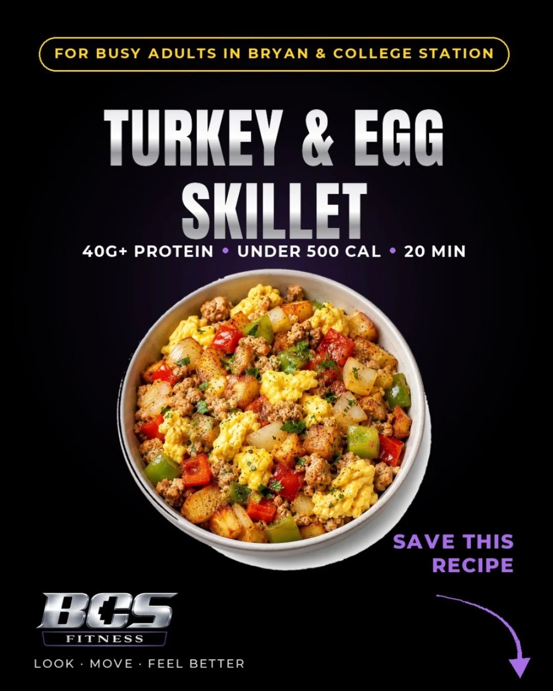 TURKEY &amp; EGG SKILLET
40g+ protein. Under 500 calories. 20 minutes.
The breakfast that keeps up with your day &mdash; not the other way around.
Serves 2:
&mdash; 10 oz lean ground turkey (93/7)
&mdash; 4 eggs
&mdash; 1 cup diced potatoes
&mdash; &