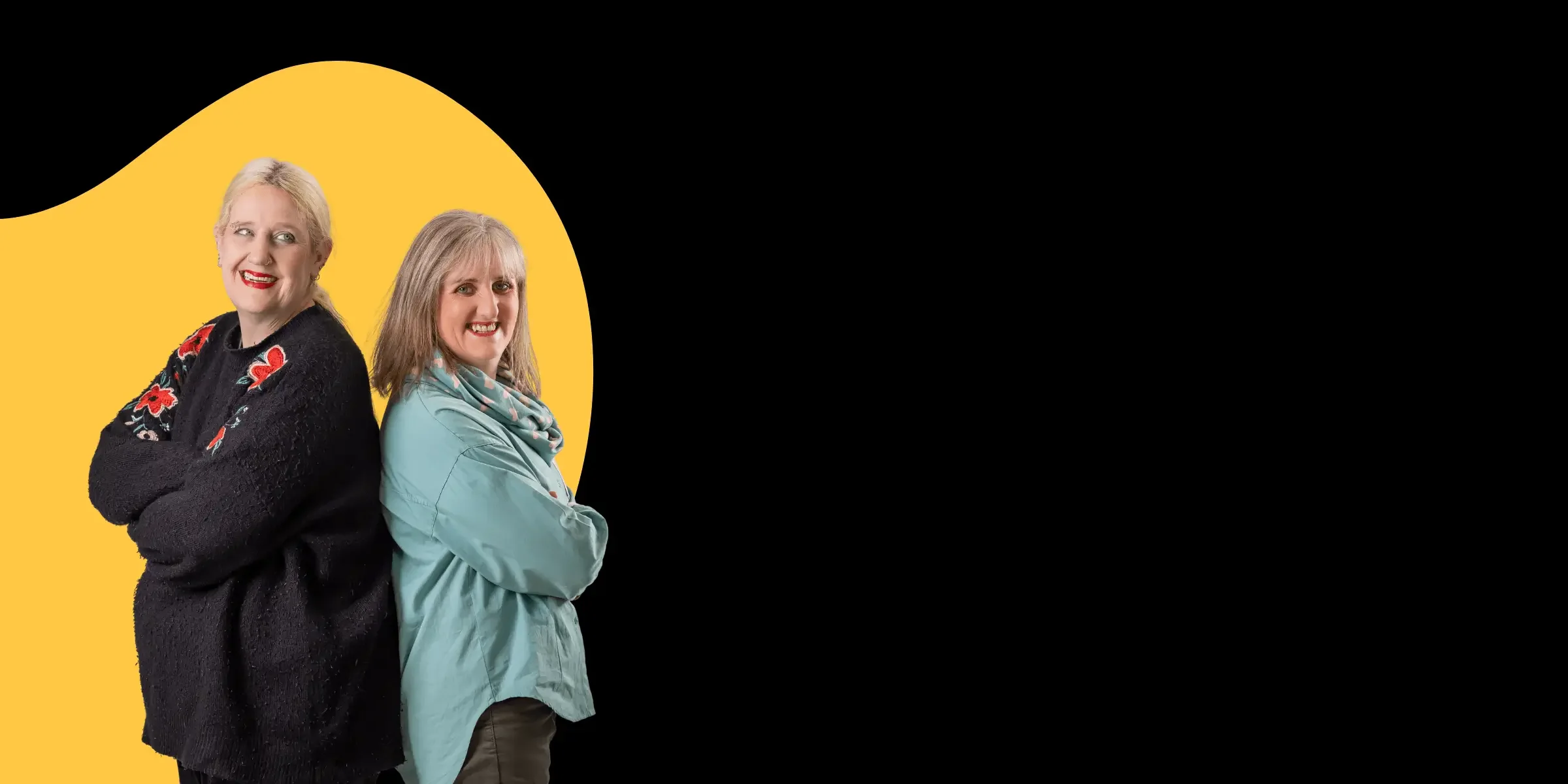 Two women smiling on yellow background promoting disability support worker jobs