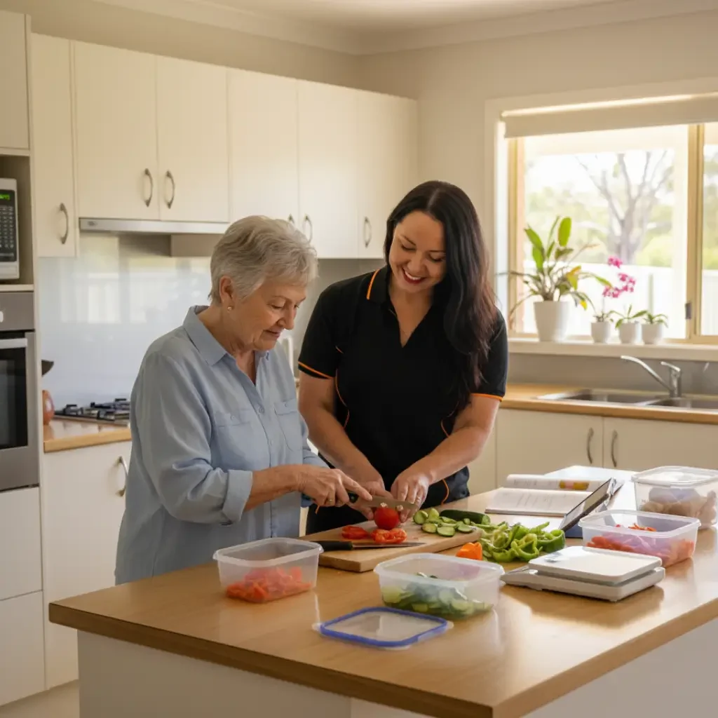 Carer supporting an older woman with meal prep for personalised private care.