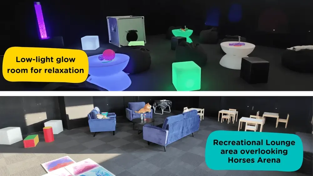 Two-part image showing a low-light sensory glow room for relaxation and a recreational lounge area with seating and play tables.