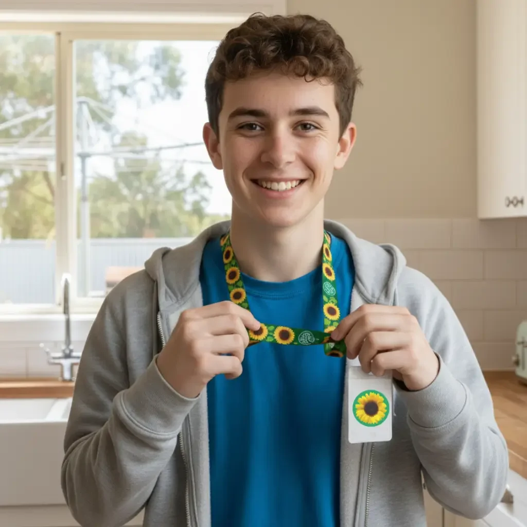 Support worker wearing an ONCALL sunflower lanyard and ID badge at a Geelong home.