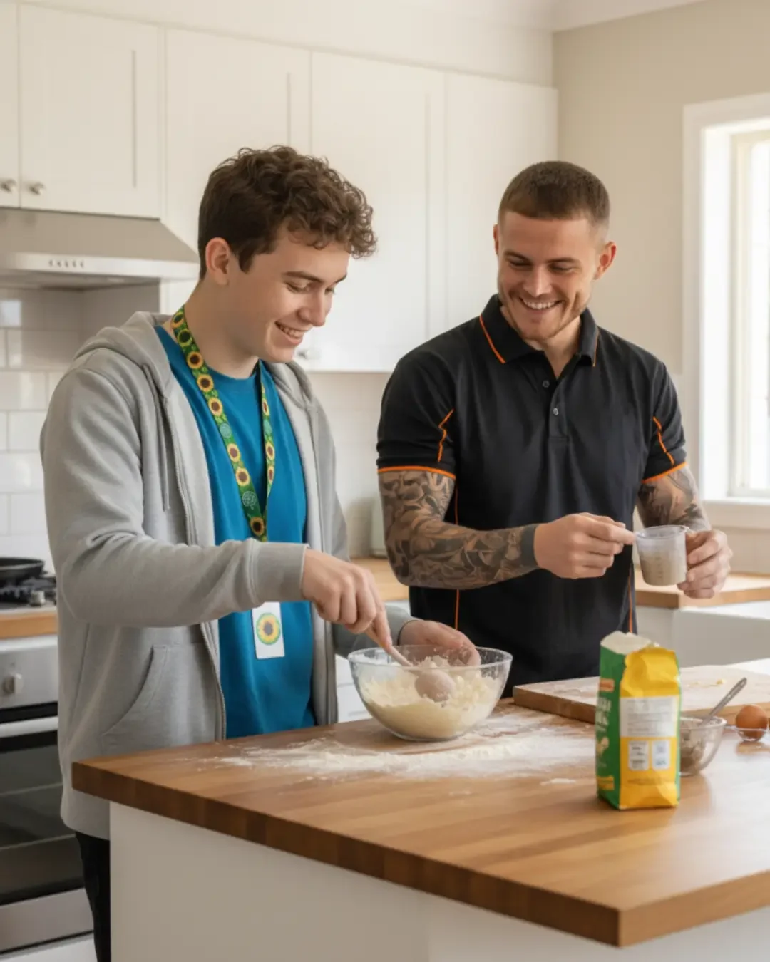 ONCALL support worker assisting a participant with cooking at home, promoting independent living in Geelong.