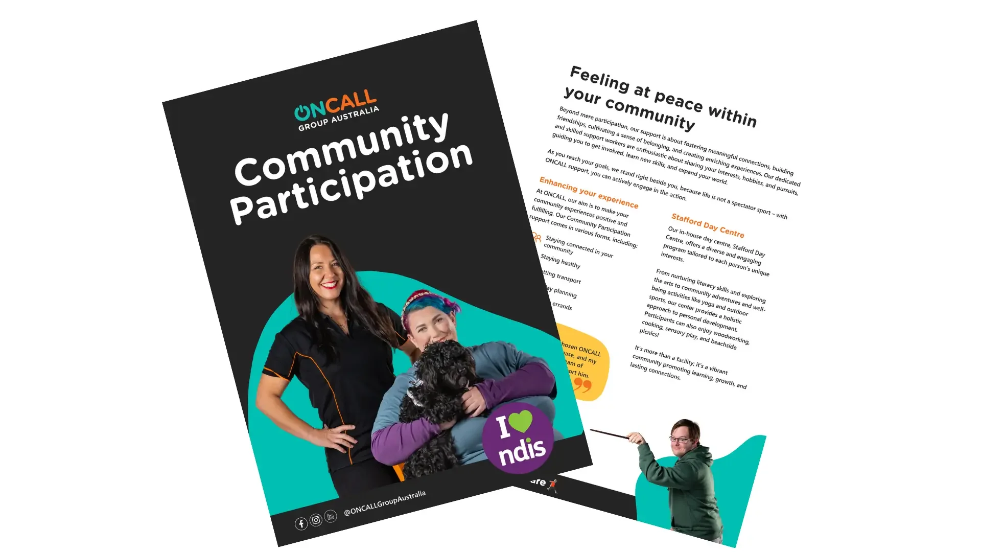 ONCALL community participation brochure promoting NDIS support services.