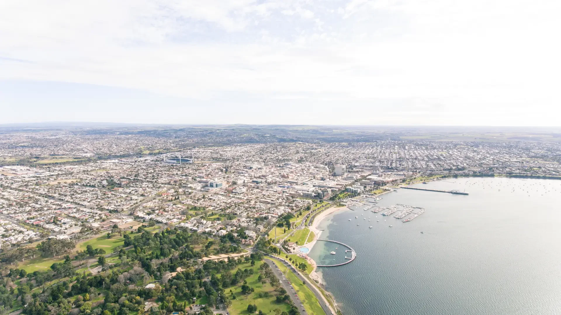 Aerial view of Geelong waterfront and city, highlighting the local community ONCALL supports through disability services.
