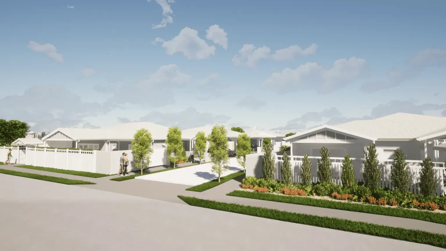 Modern supported housing development with accessible pathways and landscaped surroundings