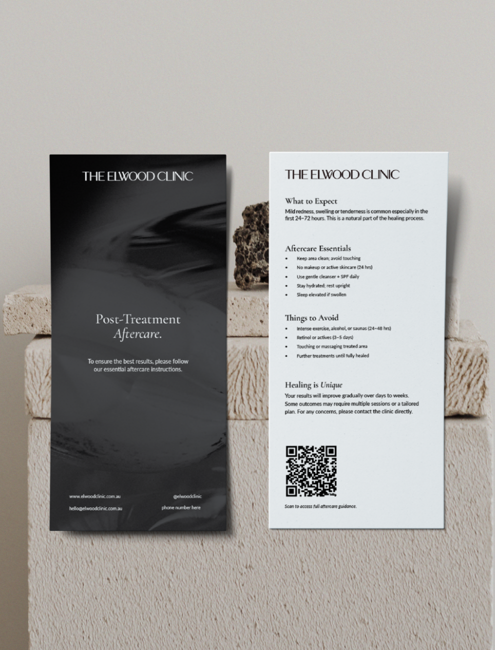 The Elwood Clinic post-treatment aftercare card — print collateral design by Sunday Noon