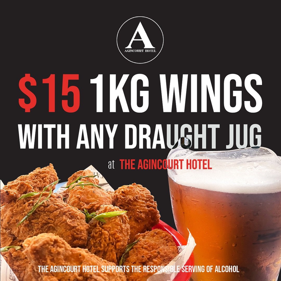 Wings only $15 with the purchase of any draught jug.

ALL DAY. EVERYDAY at The Agincourt Hotel.

871 George St, Central station. Sydney