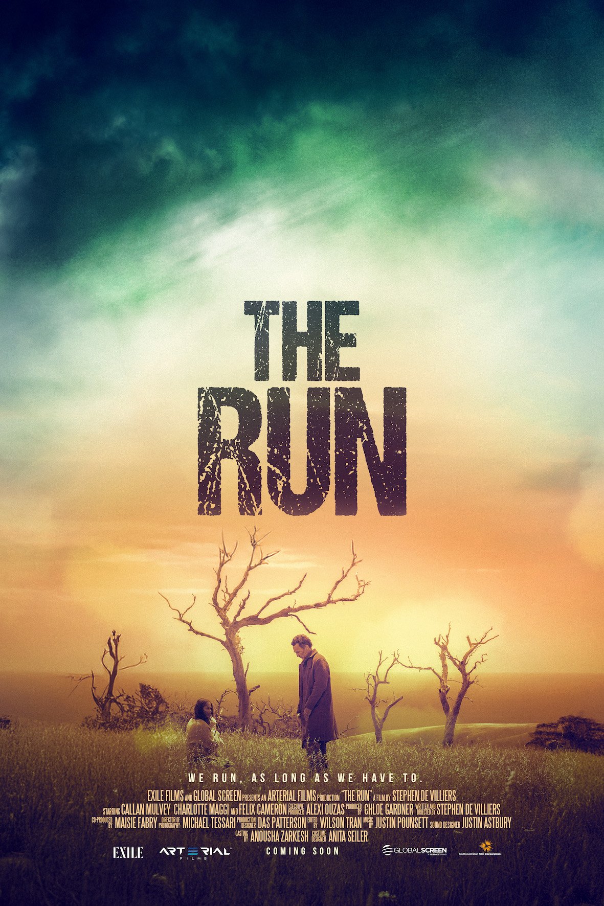 Movie poster for 'The Run' featuring a dark sky, barren trees, and a man and woman standing in a field.
