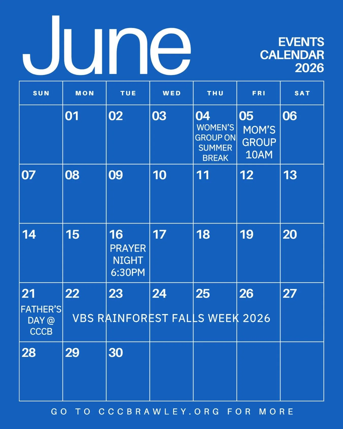 ☀️ June is here! 🗓️

Check out the events happening this month and make plans to join us.

📧 Stay connected through our newsletter.
🌐 Visit cccbrawley.org for more information.

We look forward to seeing you!