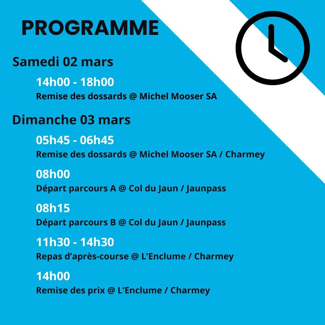 Voici le programme ainsi que les diff&eacute;rents lieux importants pour ce week-end ! 
Nous vous donnons rendez-vous samedi apr&egrave;s-midi et dimanche matin chez Michel Mooser SA pour la remise des dossards. 
Infos : www.trophee-gastlosen.ch/hora