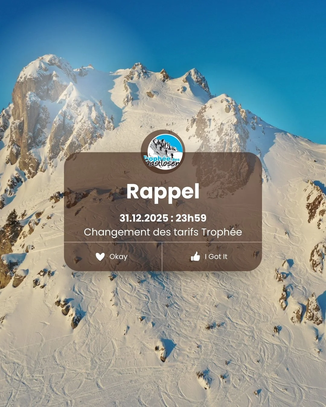 Il est possible de profiter des tarifs d'inscription pr&eacute;f&eacute;rentiels jusqu'au 31.12 &agrave; 23h59. 

www.trophee-gastlosen.ch/inscription