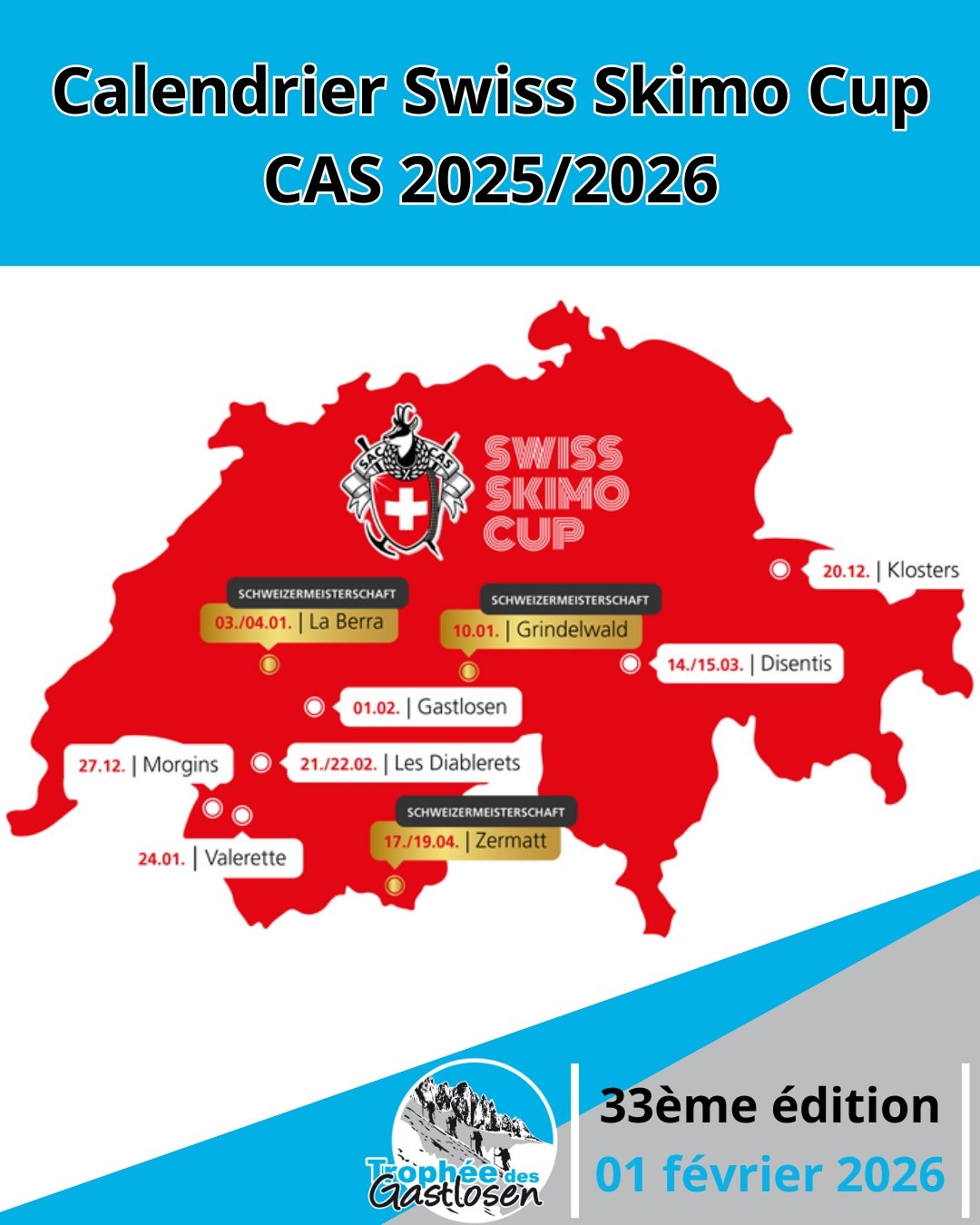Le Troph&eacute;e des Gastlosen est une &eacute;tape de la Swiss Skimo Cup 2025/2026. 
Ce week-end, c'est du c&ocirc;t&eacute; de la Berra que &ccedil;a se passe avec les Championnats Suisses de Vertical Race le samedi et les Championnats Suisses de 