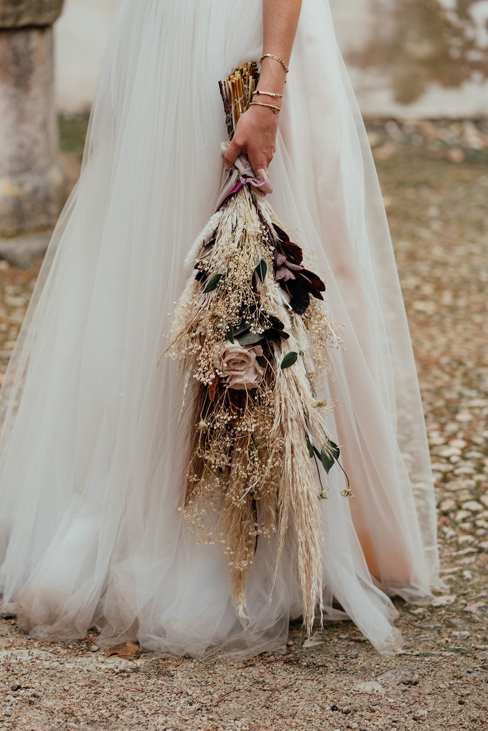 dried floral long stem bridal bouquet