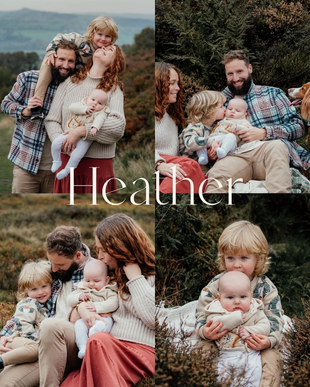collage of a family of one toddler, one baby and two parents in warm autumnal coloured clothing amongst the heather on the yorkshire moors